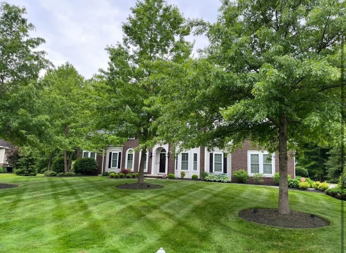Manicured front lawn in South Russell Village, Ohio