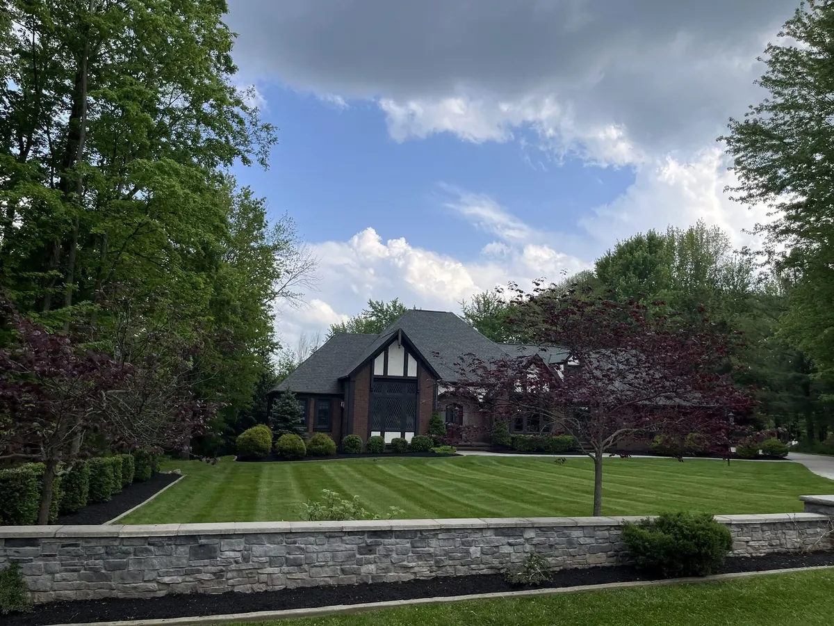 Lush lawn and mulched bed transition