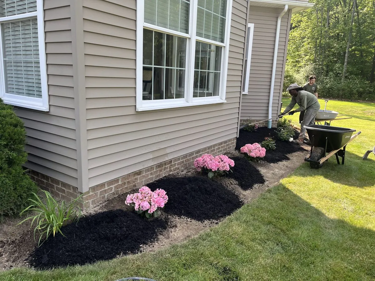 Side of home with fresh dark mulch install