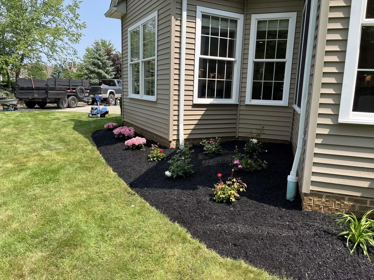Mulched front bed at tan home